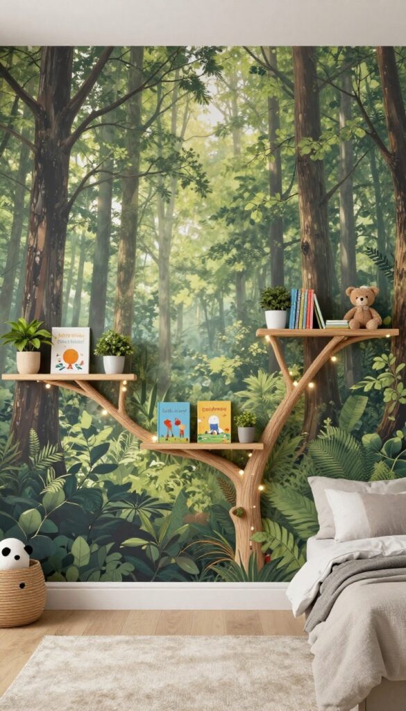 Kids bedroom with forest wallpaper and tree shelf nooks holding books and toys