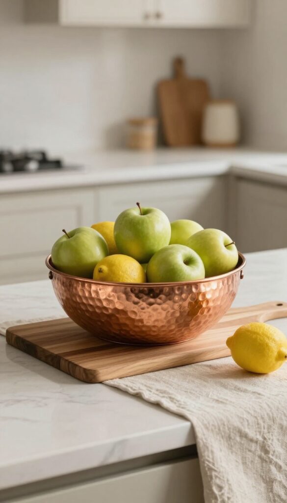 Hammered copper fruit bowl with green apples and lemons on a wooden cutting board and linen runner on a kitchen countertop.