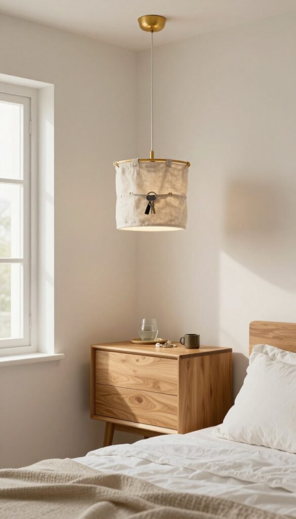 A bedroom with a pendant light that has a hanging fabric organizer storing small items, providing both light and storage.