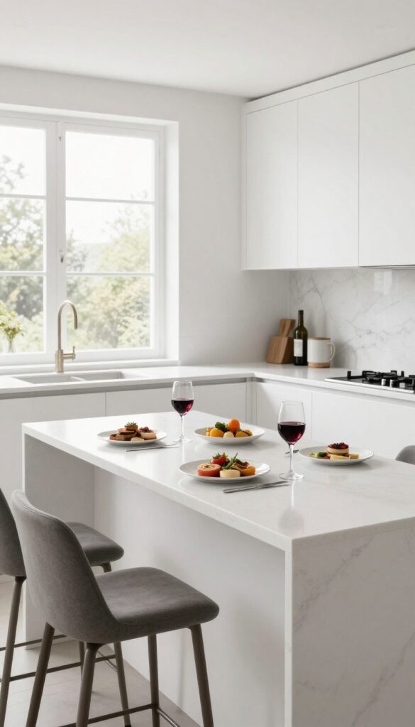 Kitchen pass through with a serving ledge acting as a buffet, with plates and a wine glass, bar stool nearby.