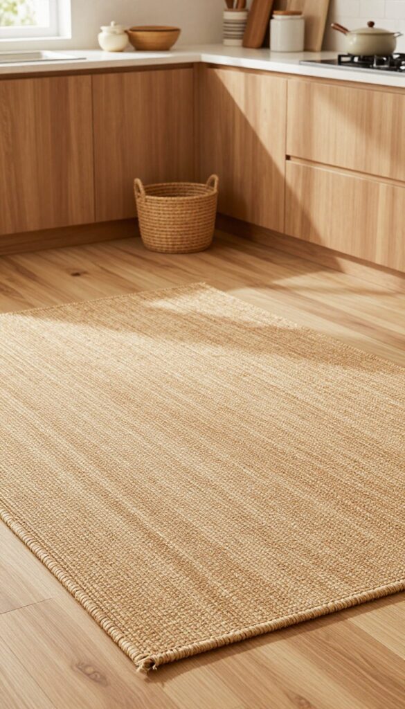 Natural seagrass mat on a kitchen floor with warm wood accents and neutral cabinets