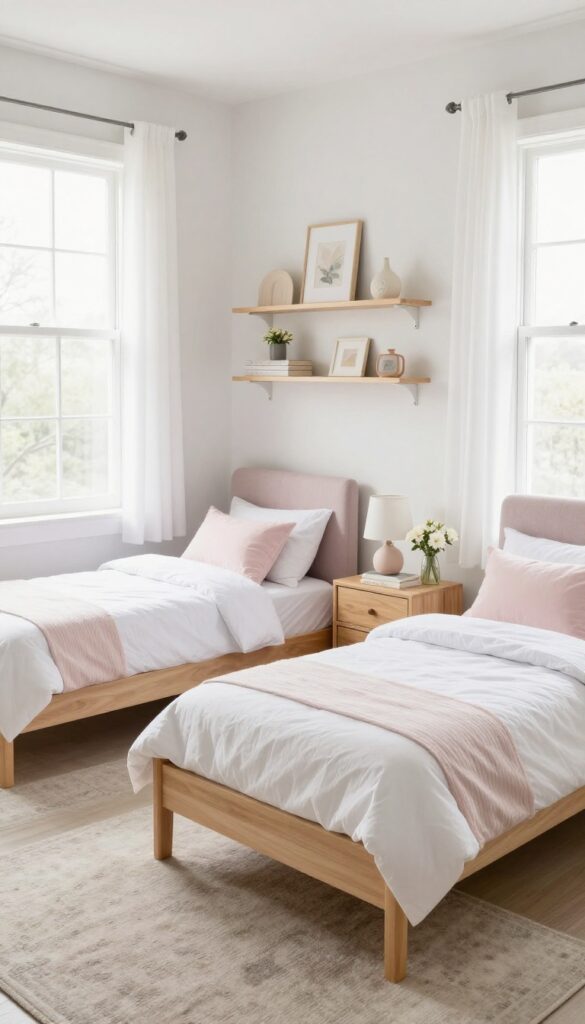 Two twin beds arranged in an L-shape in a corner with a shared nightstand between them, in a bright, clean twin girls' bedroom.