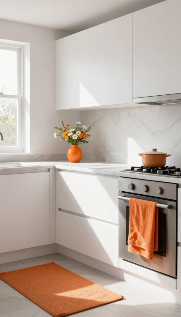 Bright kitchen with white cabinets, marble countertop, orange runner and towel, and orange vase with flowers.