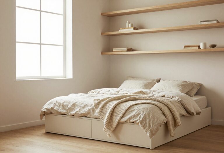 Cozy small bedroom with platform bed and built-in drawers, floating shelves, and warm lighting