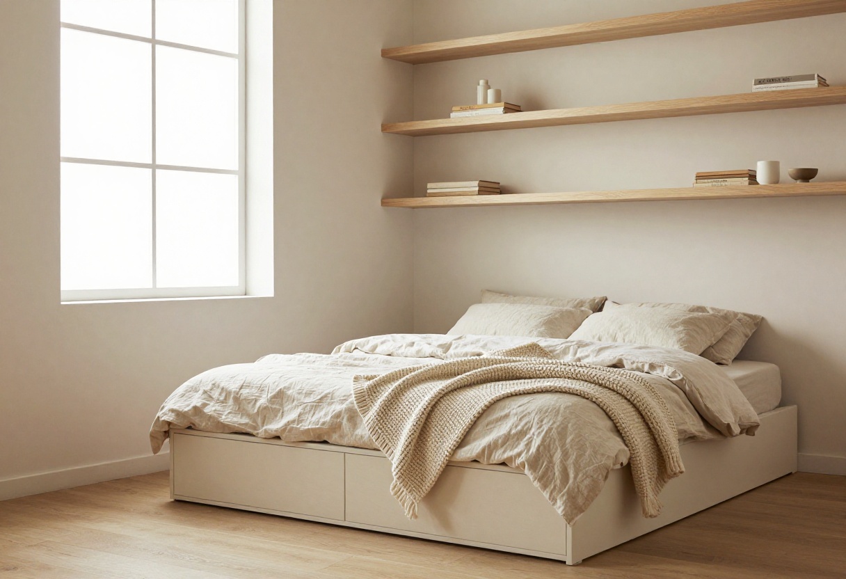 Cozy small bedroom with platform bed and built-in drawers, floating shelves, and warm lighting