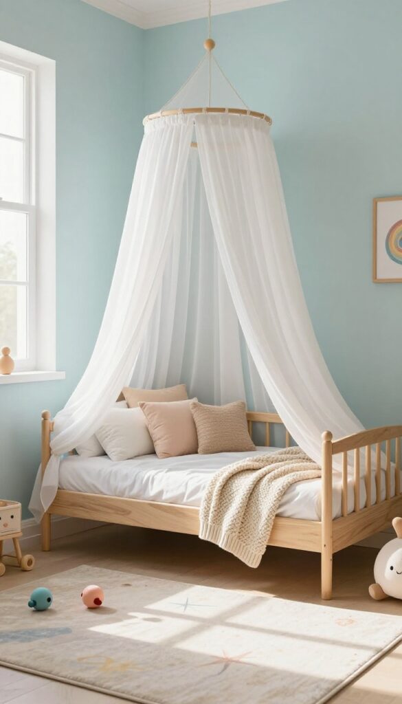 Cozy canopy bed with sheer curtains in a bright children's bedroom, creating a secret hideaway with soft textures and natural light.