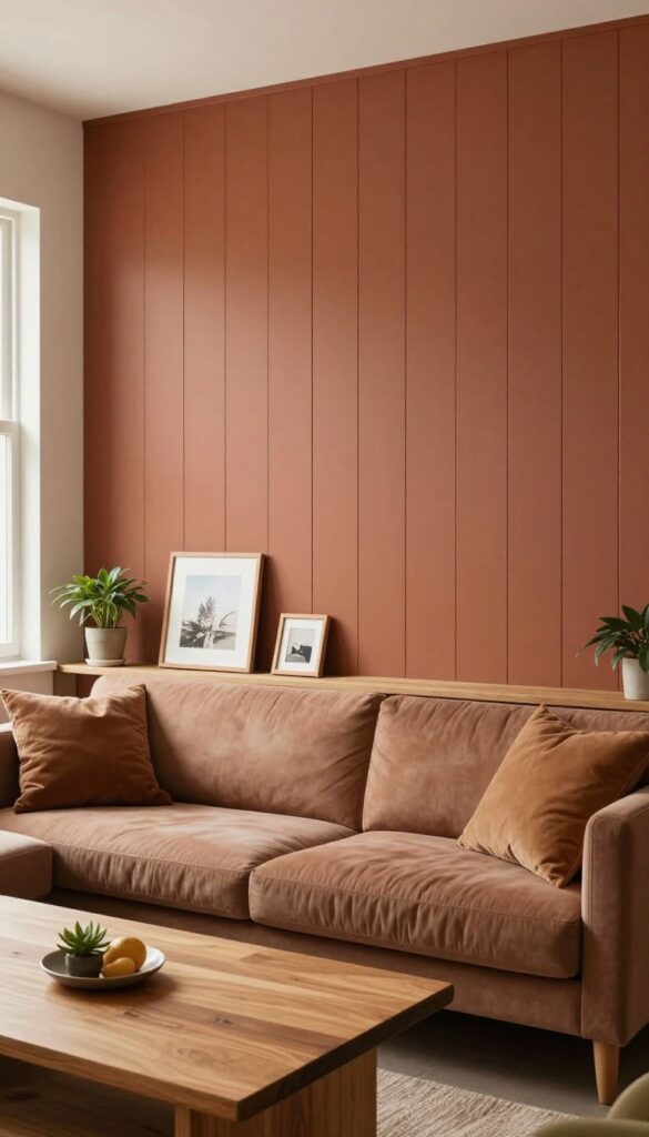 DIY board and batten wall in deep terracotta with floating shelf, cozy living room