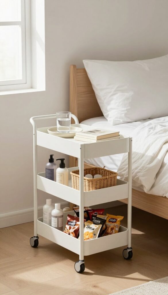 Rolling cart with toiletries, snacks, and books beside a bed in a bright guest bedroom