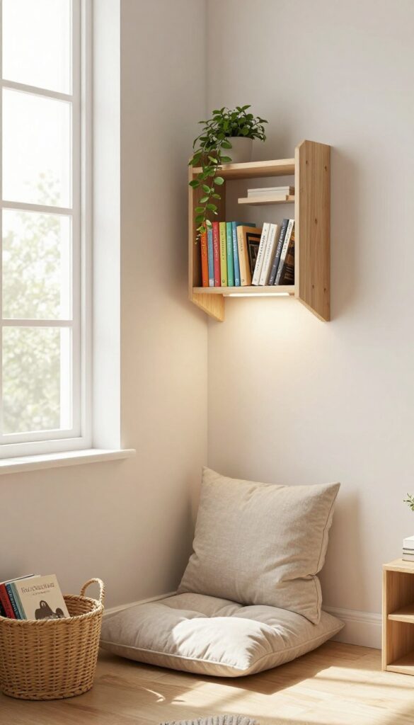 A cozy reading nook under a window with a floor cushion, shelf, clip-on light, and basket in a boy's bedroom.