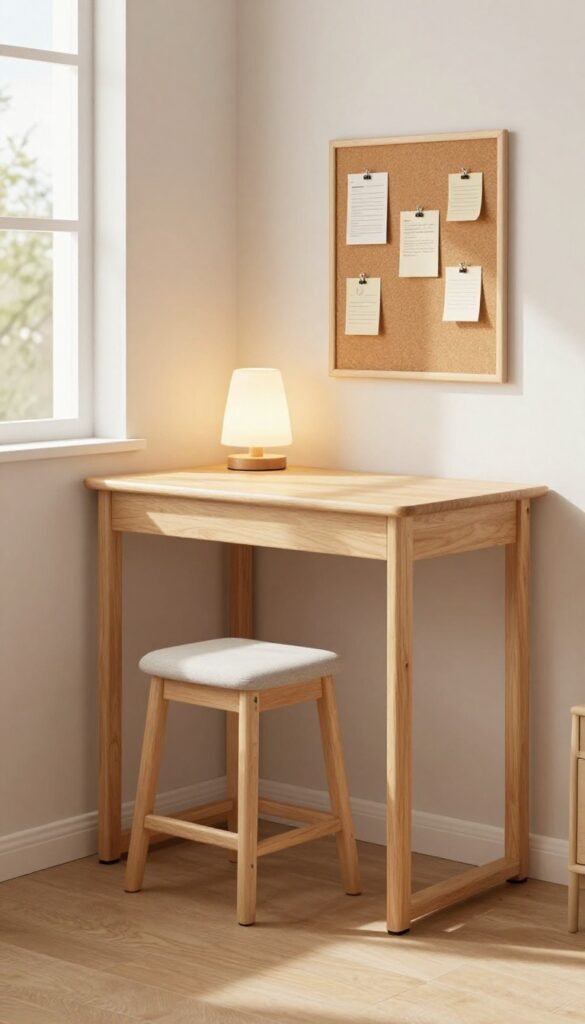 Teen boy's bedroom corner with standing desk, tall stool, warm lamp, and corkboard, bright natural light.