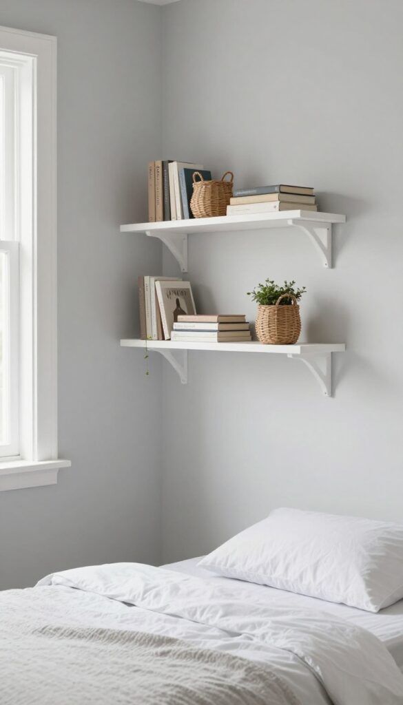 Vertical open shelving above bed in small bedroom with baskets, books, and plant