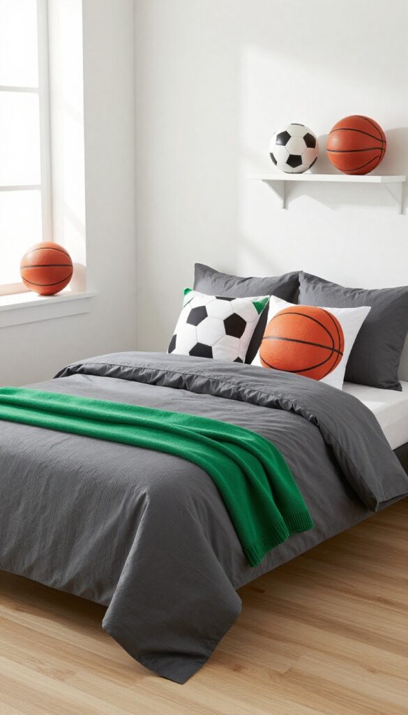 Sports-themed boy's bedroom with charcoal duvet, patterned pillowcases for basketball and soccer, and green throw blanket.