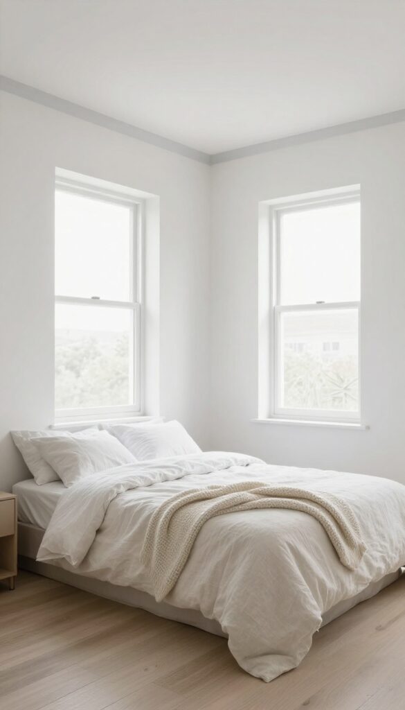Small bedroom with light airy paint colors, white walls and pale gray trim, natural light from window, linen duvet and chunky knit throw on bed.