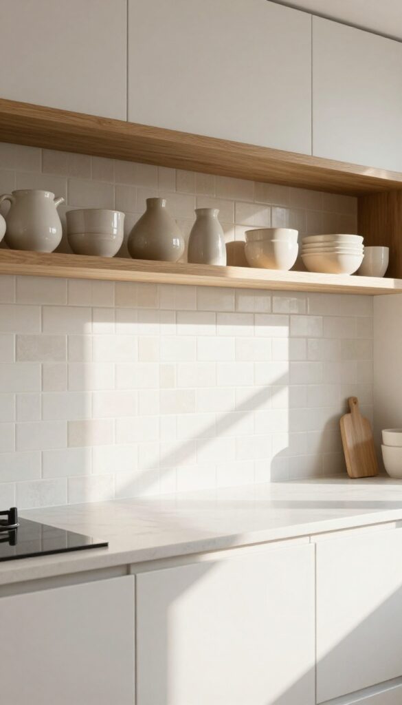 Handmade subway tile backsplash with subtle variation in a bright modern kitchen