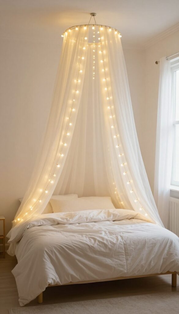 Small bedroom with warm white string lights draped above the bed creating a dreamy canopy effect