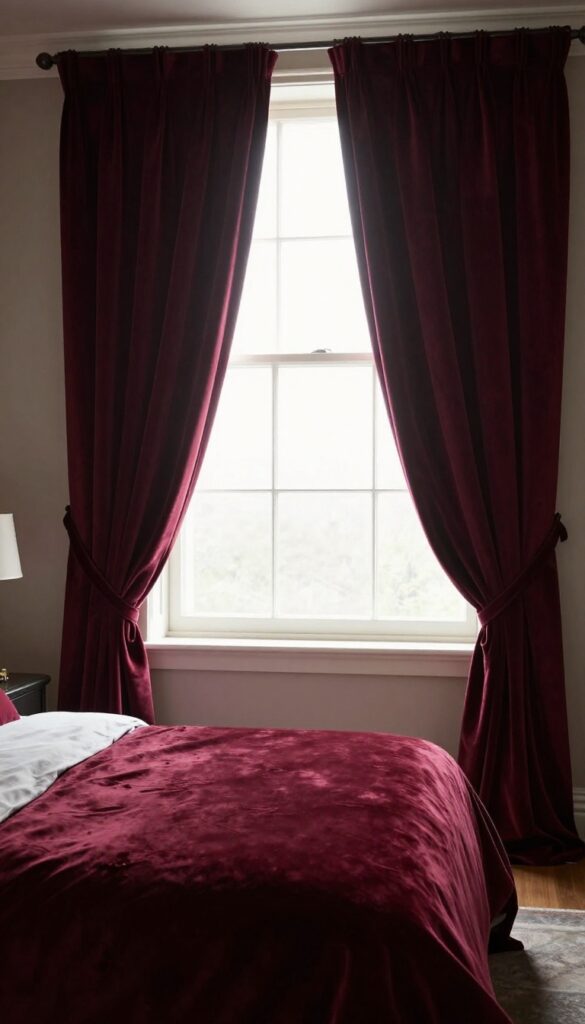 Dark and cozy romantic bedroom with floor-to-ceiling burgundy velvet curtains, creating an intimate and polished atmosphere.