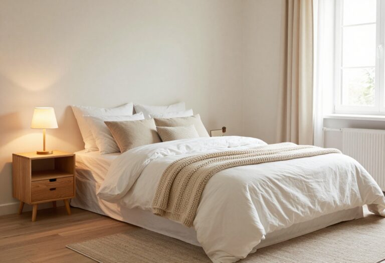 Cozy guest bedroom with layered bedding, lamp, and rug