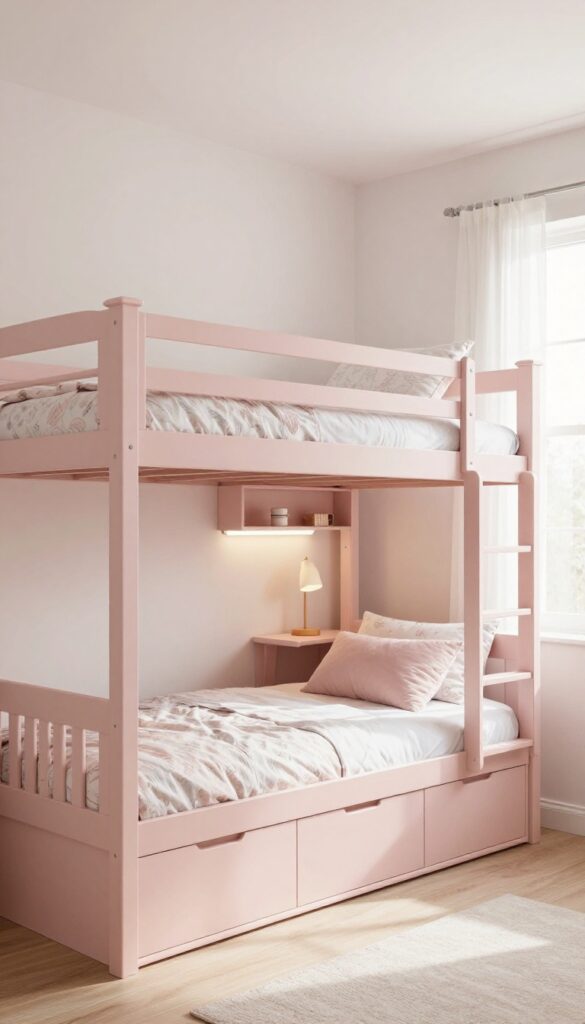 Built-in bunk beds with desk and drawers below in a bright teen girls' bedroom