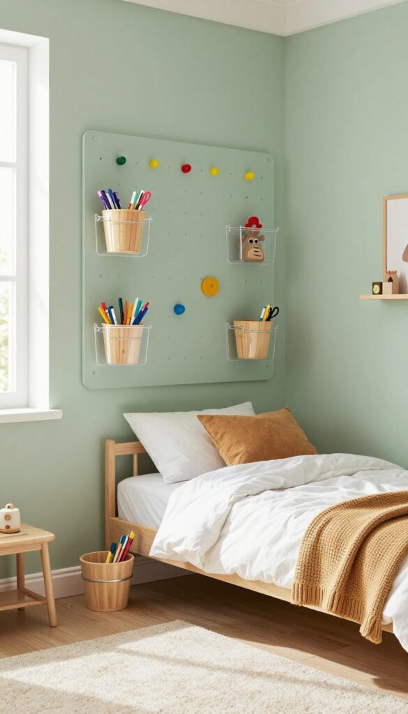 A small kid's bedroom featuring a sage green pegboard wall with organized art supplies and toys, a cozy bed with soft bedding, and warm natural light.