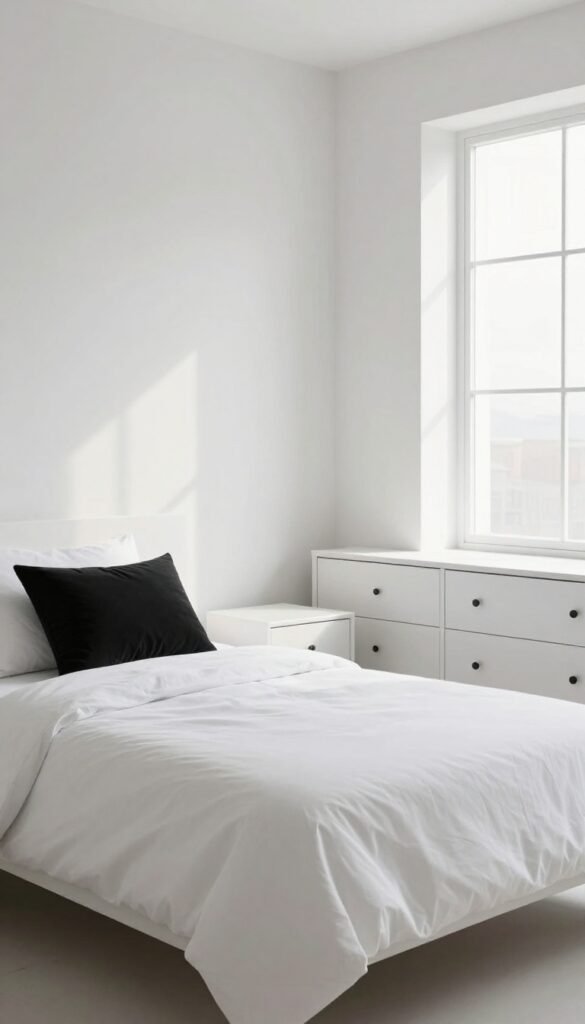 White furniture with matte black hardware in a bright, minimalist bedroom