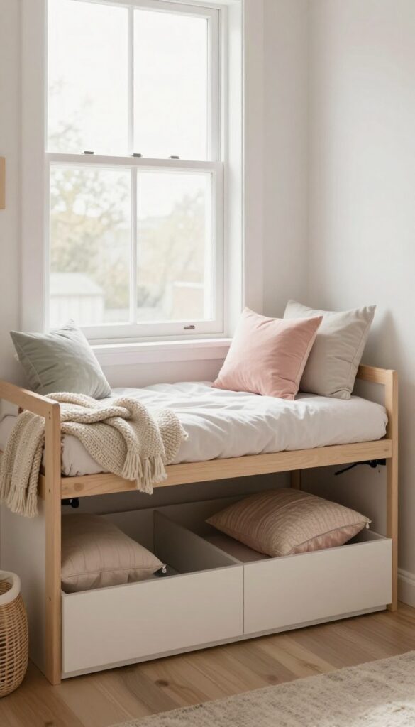Cozy window seat with hidden storage in a girl's bedroom