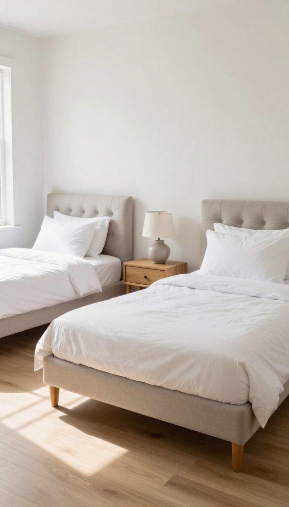 Symmetrical twin beds with matching headboards and shared nightstand in a bright guest room