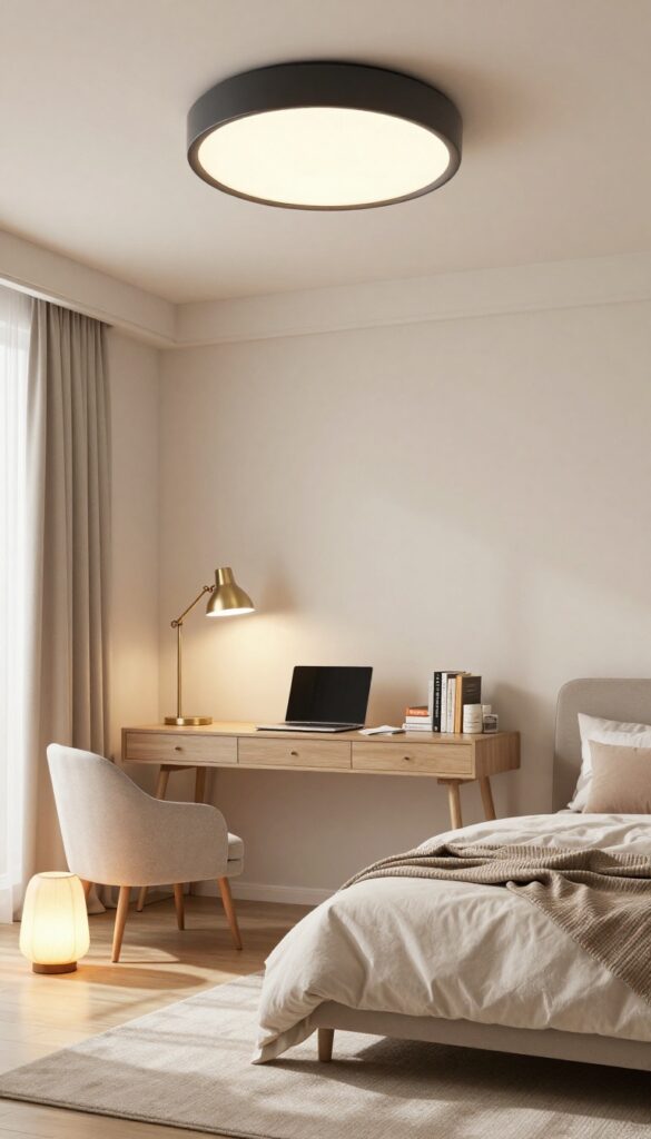 Modern teen girl bedroom with layered lighting including ceiling fixture, desk lamp, and floor lamp creating warm and cozy atmosphere
