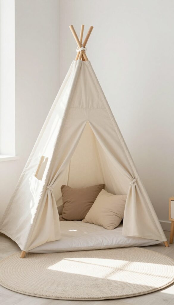 A neutral beige teepee set up in a corner of a bright toddler boy's bedroom, with a small rug and pillows inside, creating a cozy play nook.