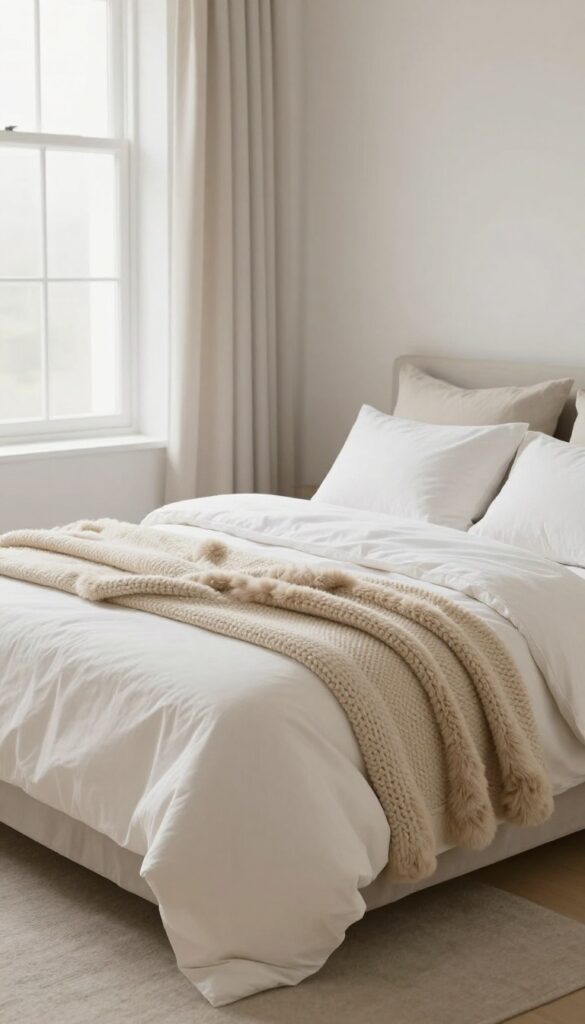 Cozy small bedroom with layered bedding including a faux fur throw, neutral colors, natural light.