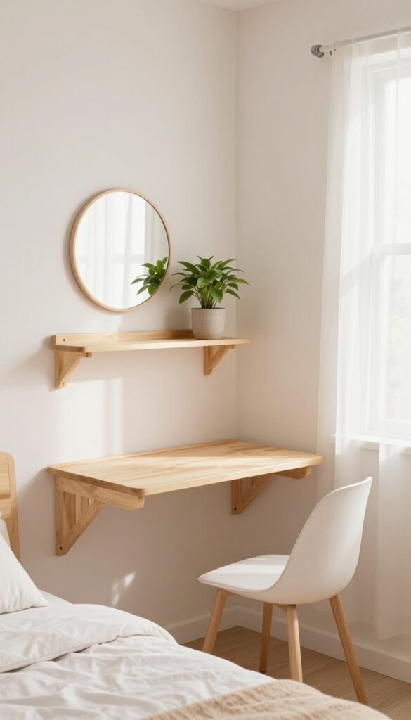 Floating vanity with fold-down desk in a bright teenage girl's bedroom