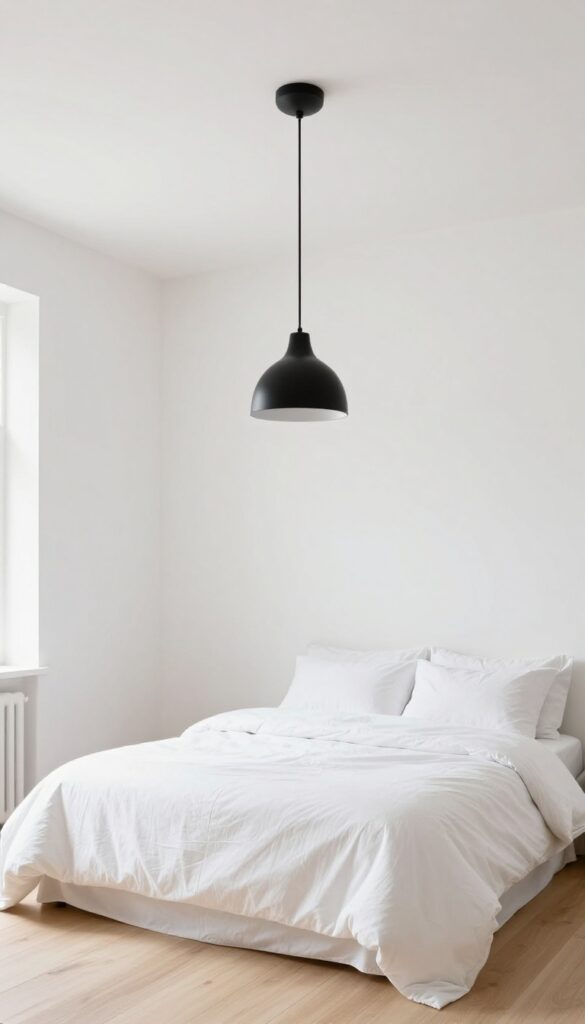 White ceiling with a black pendant light in a bright, airy bedroom