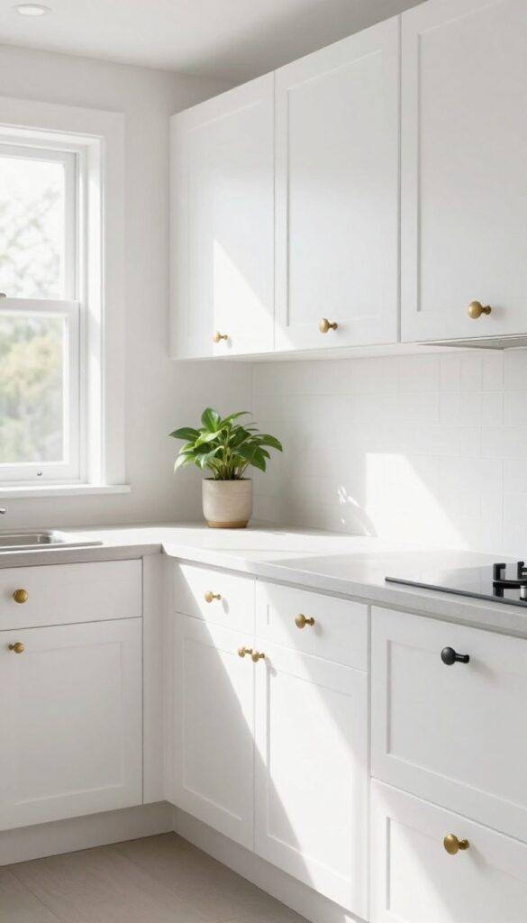 Mobile home kitchen with white cabinets and new vintage brass and matte black hardware, bright natural light