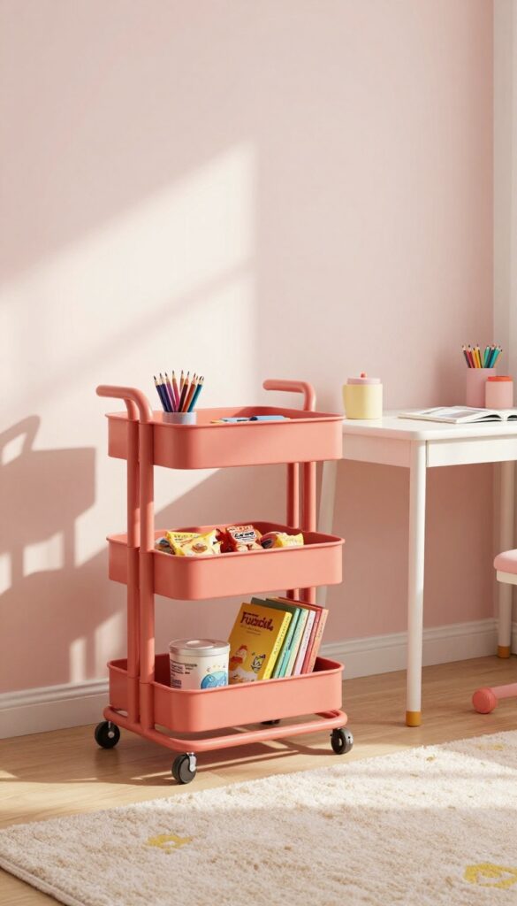 A colorful rolling cart filled with art supplies, snacks, and books in a bright kids' bedroom.