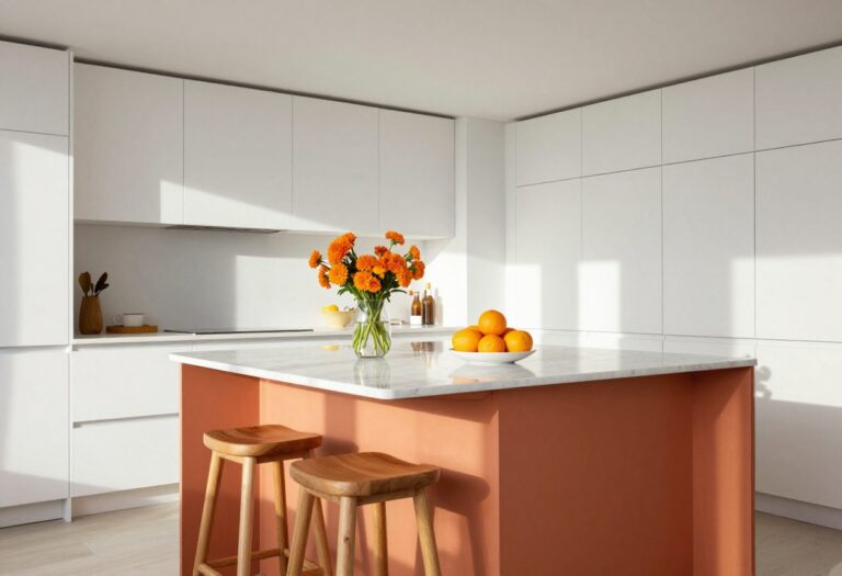 Bright modern kitchen with terracotta orange island and fresh orange decor