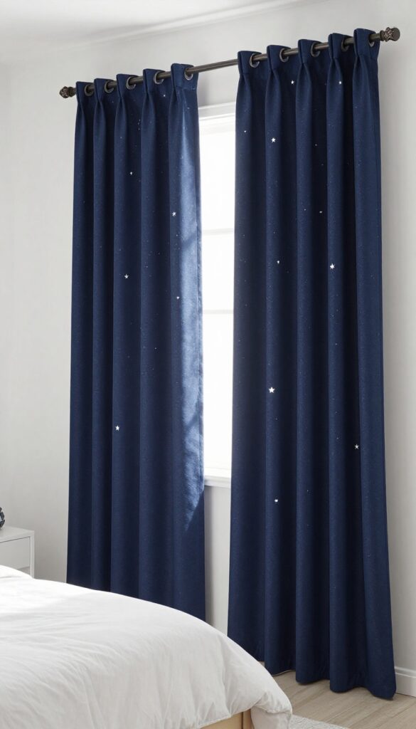 Boy's bedroom with navy starry night blackout curtains, cozy and celestial atmosphere.