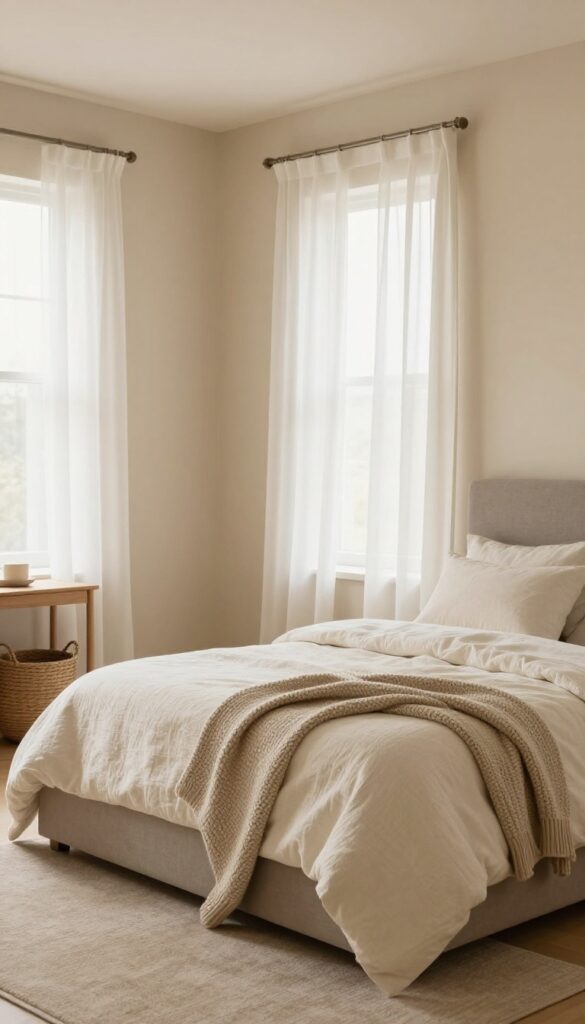 Cozy boy's bedroom with warm neutral walls, natural light, and textured bedding