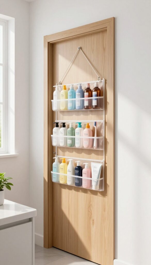 Clear over-the-door shoe organizer filled with travel-sized toiletries on the back of a bathroom door