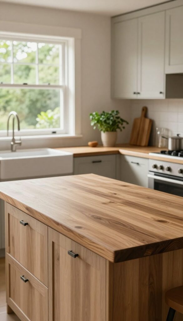 Warm kitchen with butcher block countertop on island, natural light, fresh herbs, and neutral cabinetry.