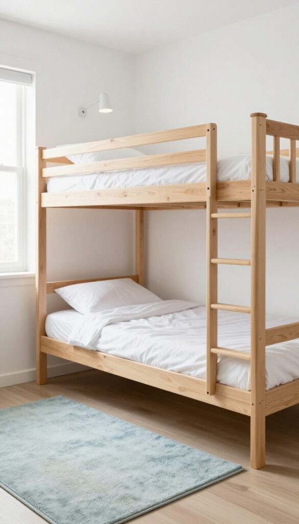 Twin over full bunk bed with built-in drawers in a light and airy small bedroom