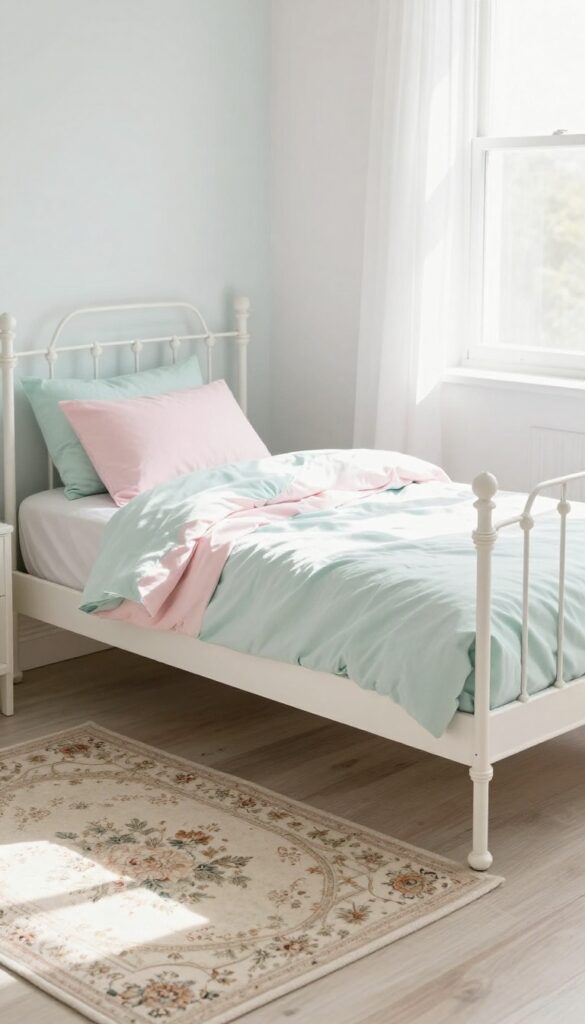 Antique iron bed frame with pastel bedding in a bright, airy kids' bedroom