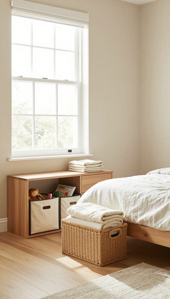A tidy boys' bedroom with woven baskets and fabric bins blending into the decor, low wooden dresser under window, natural light, cozy and clutter-free.