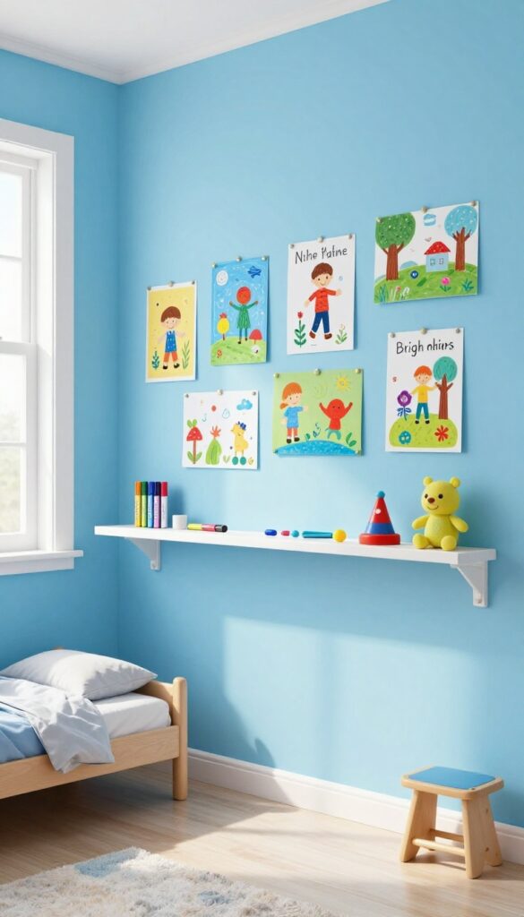 A small boy's bedroom with a sky blue magnetic wall displaying artwork and toys, with a ledge for supplies, bright natural light.