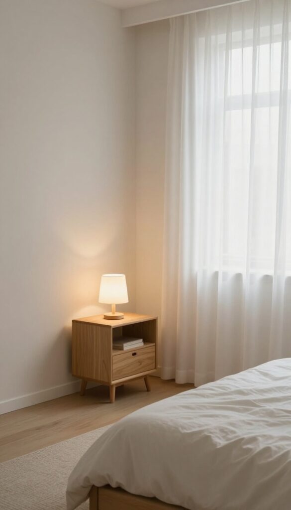Small bedroom with layered lighting from overhead light, bedside lamp, and floor lamp, creating a calm and spacious feel.