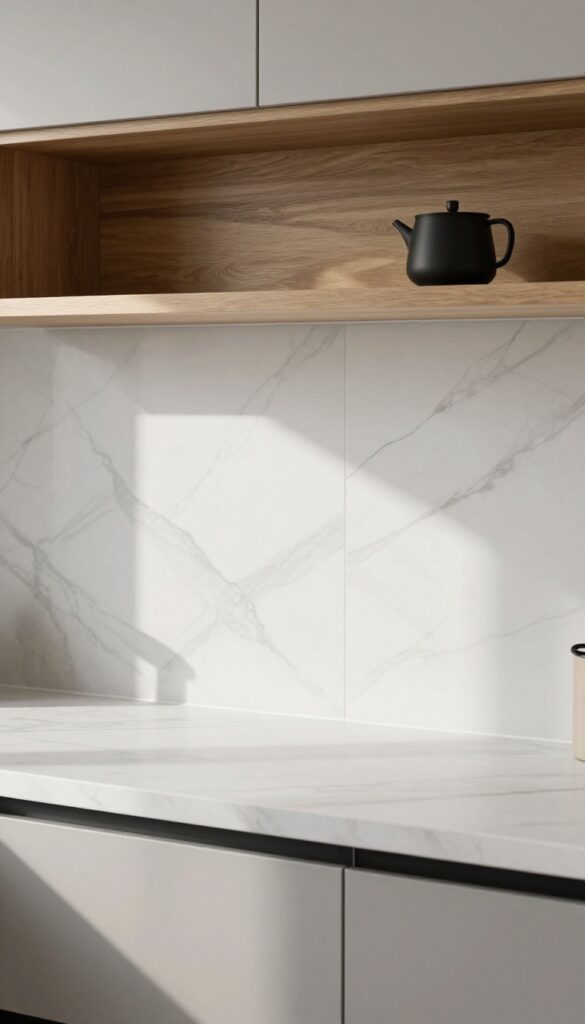 Large-format marble look-alike porcelain tiles on a kitchen backsplash with warm wood accents and matte black fixtures.