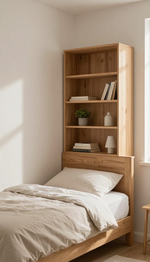 Bedroom with headboard that has built-in shelves and hidden compartments, holding a plant, books, and a lamp, in bright natural light.