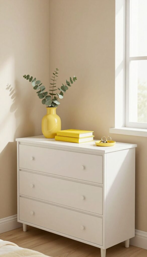 Yellow accessories on a dresser in a bright bedroom
