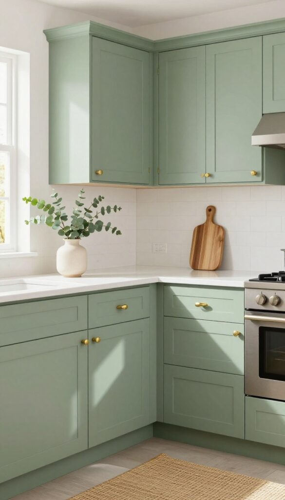Sage green kitchen cabinets with brass hardware, white countertops, and natural wood accents in bright daylight.