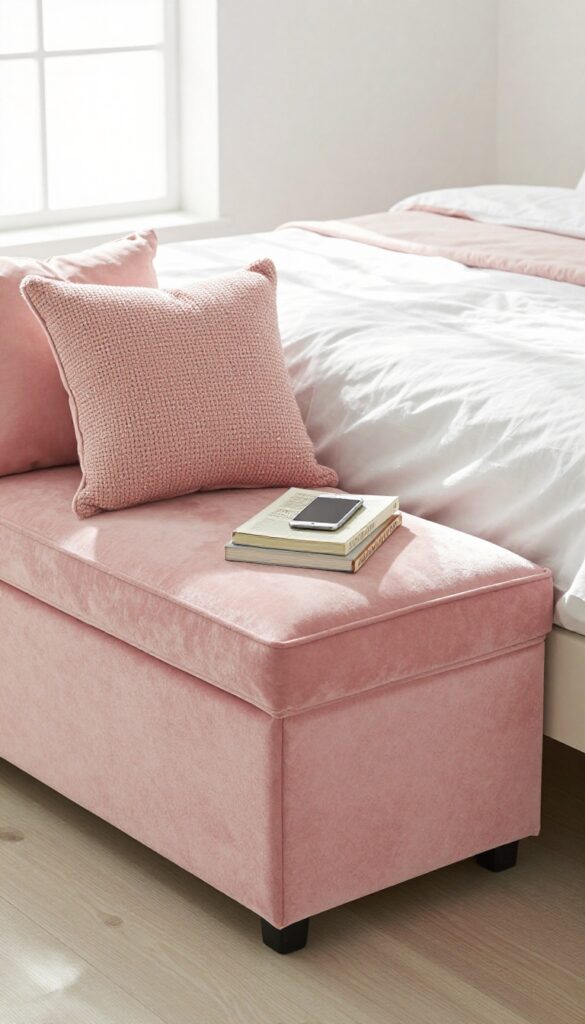 Pink storage bench at foot of bed with throw pillows and tray, bright natural light, feminine bedroom decor