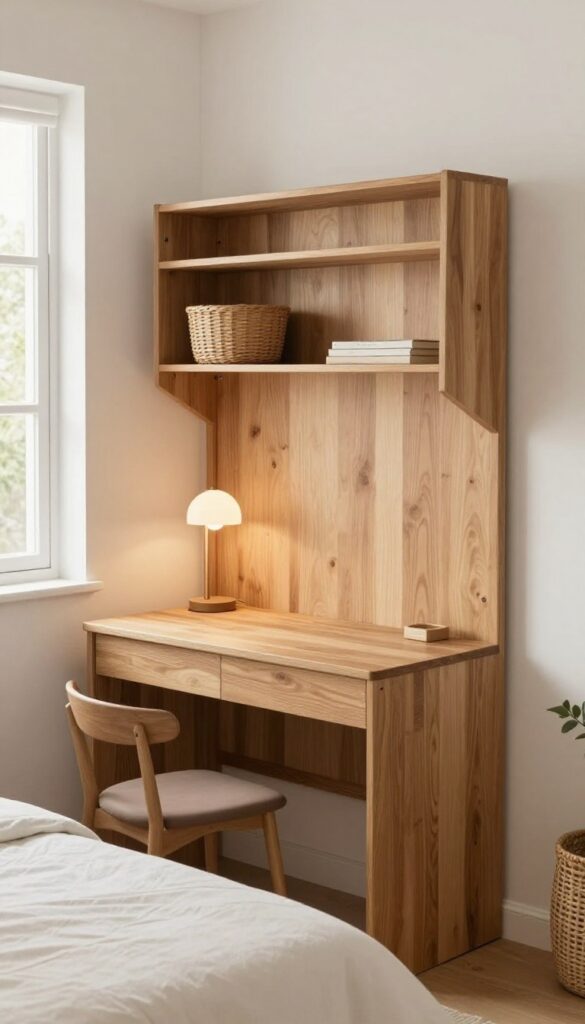 Wall-mounted drop-leaf desk folded down in a bright guest bedroom with a cozy bed and natural light