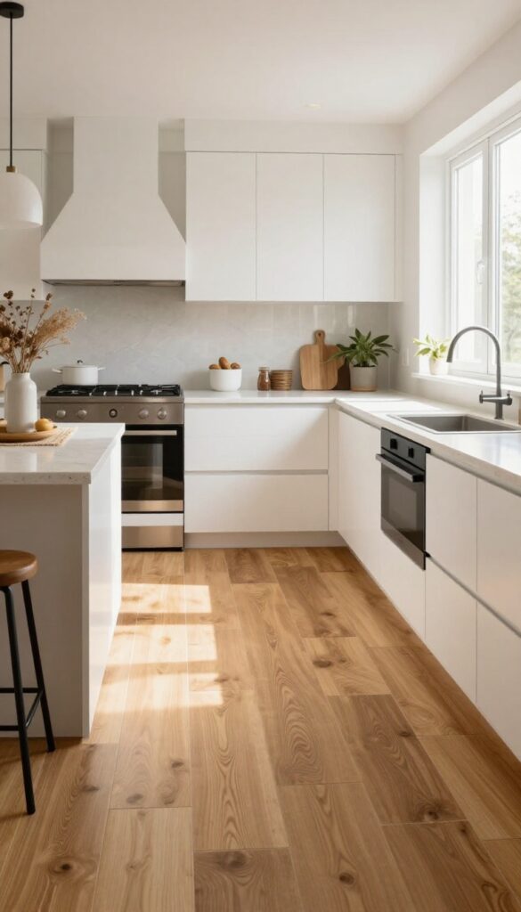 Wide plank wood-look tile flooring in a bright kitchen with white cabinets and natural light